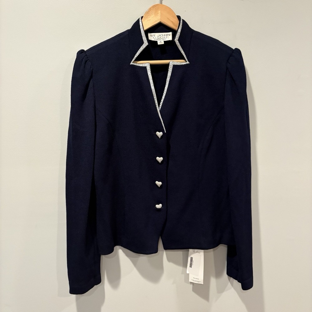 Vtg St. John Evening Jacket Marie Gray Crystal Trim Heart Buttons Sz 14 Navy *